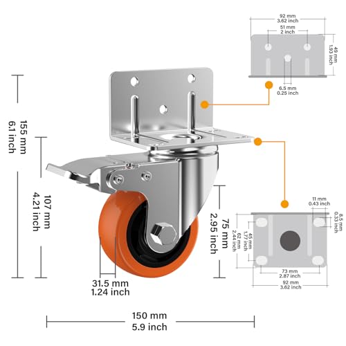 3" L-Shaped Caster Wheels Set of 4, Side Mount Swivel Casters - size: 3 inch
