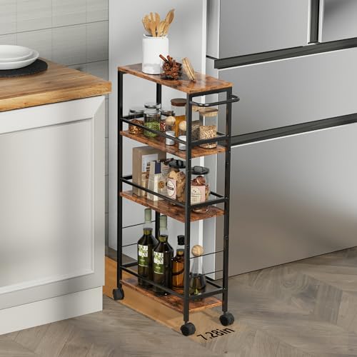 Narrow Storage Cart with Wheels, 4-Tier Narrow Kitchen Carts Slim Rolling Cart, Skinny Storage Cart, Snack Cart Slim Laundry Carts with Handle for Livingroom, Diningroom, Office（Rustic Brown, Black） - size: 7.3"D x 16.7"W x 34.3"H