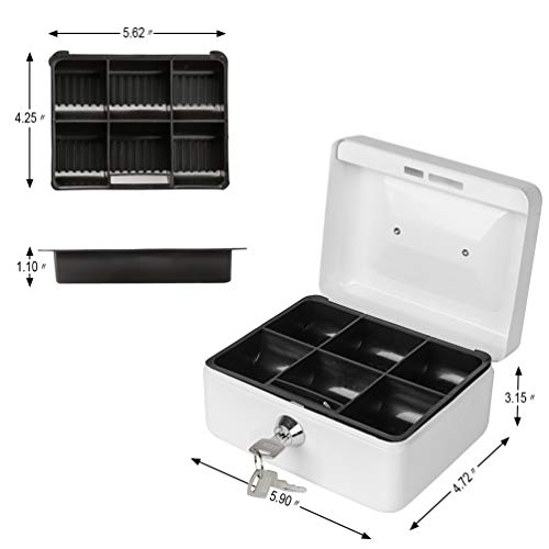 Cash Box with Money Tray, Parrency Small Money Box with Key Lock, 6" x 4 4/5" x 3", White - color: White, size: Small（5.9")