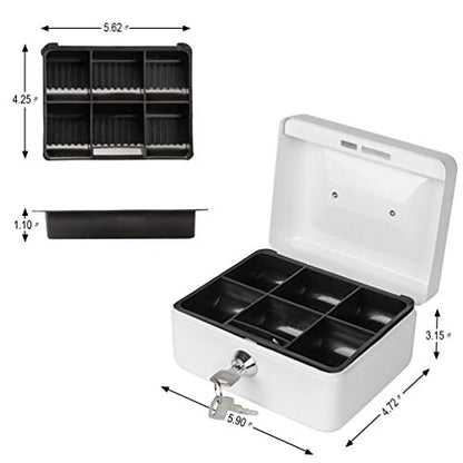 Cash Box with Money Tray, Parrency Small Money Box with Key Lock, 6" x 4 4/5" x 3", White - color: White, size: Small（5.9")
