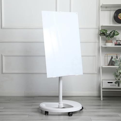 Rolling Tempered Glass Whiteboard with Stand, Magnetic Dry Erase Glass Board 36" x 24", Height Adjustable & 0–30° Tilting Mobile Stand with Locking Casters, Includes 2 Magnets 2 Markers 1 Eraser