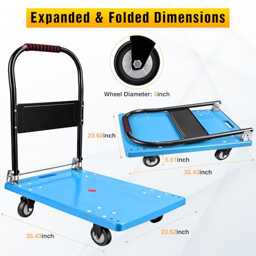 Platform Cart 880 lbs Heavy Duty Push Cart Dolly with 5 Inch TPR Wheels 36 x 24 Inch PP Deck Flatbed Cart Platform Truck for Home Garage Warehouse Use Black - color: 880 Lbs|blue|36x24 Inch