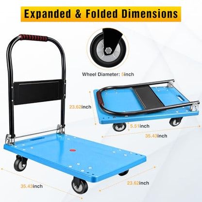 Platform Cart 880 lbs Heavy Duty Push Cart Dolly with 5 Inch TPR Wheels 36 x 24 Inch PP Deck Flatbed Cart Platform Truck for Home Garage Warehouse Use Black - color: 880 Lbs|blue|36x24 Inch