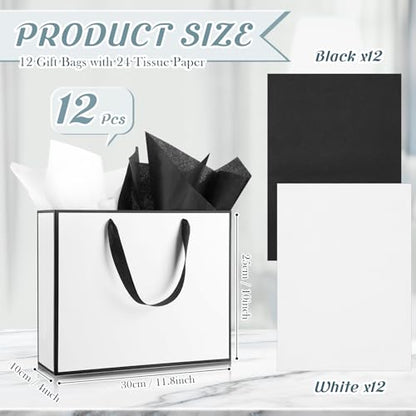 ReliThick 12 Pack Paper Gift Bag with Handles & Tissue, White, Black - color: White, Black