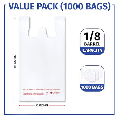Bagtron T-Shirt Carry-Out Bags, Disposable Plastic Bags with Handles for Shopping and Restaurant, 1/8 Barrel, 0.51 Mils, White, 10" x 5" x 18", 1000 Count - style: Plain, White, M, 0.51 Mils (1000 Ct)