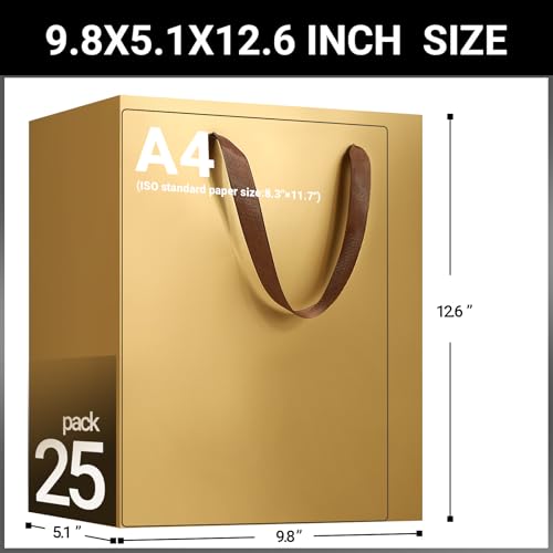 EUSOAR Gold Paper Gift Bags with Handles, 25pcs 9.8"x5.1"x12.6", Wedding, Birthday, Valentine's Day, Gift Wrap Bags - color: Gold, size: 1 Count (Pack of 25)