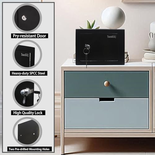 Yuanshikj Steel Small Safe Lock Box with Key Security, 0.23 Cu Ft, Black
