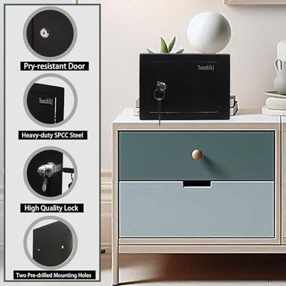Yuanshikj Steel Small Safe Lock Box with Key Security, 0.23 Cu Ft, Black