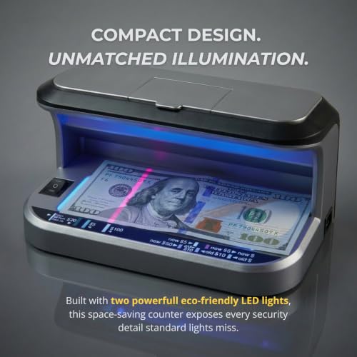 K440 Counterfeit Bill Detector, Professional Two UV Eco-Friendly LEDs, Magnetic Ink Sensor, Backlight for Watermark Detection, Built-in Magnifier for Money, Credit Cards and IDs