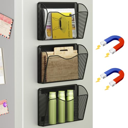 Magnetic File Holder - Heavy Duty Wall File Organizer for Refrigerator & Whiteboard - Strong Magnet Mail Holder & Magazine Rack, No Drilling Document Storage Basket for Office Cabinet - color: Black, size: 3 Pack Magnetic