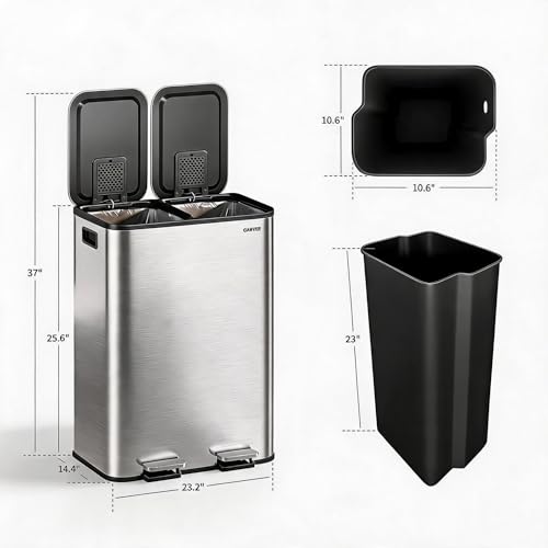 2x8 Gal Dual Compartment Stainless Steel Kitchen Trash Can with Lid, 30L+30L Recycling Garbage Bin, Soft Close Foot Pedal Trash Bin with 2 Removable Inner Buckets, Fingerprint Resistant for Home Offic - color: Stainless Steel, size: 2x8 Gal
