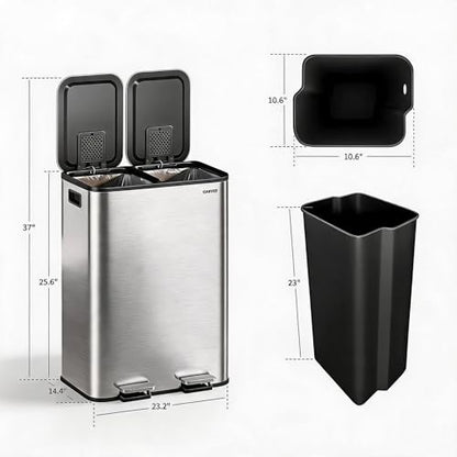 2x8 Gal Dual Compartment Stainless Steel Kitchen Trash Can with Lid, 30L+30L Recycling Garbage Bin, Soft Close Foot Pedal Trash Bin with 2 Removable Inner Buckets, Fingerprint Resistant for Home Offic - color: Stainless Steel, size: 2x8 Gal