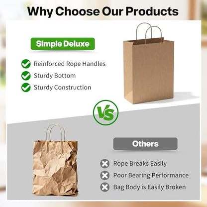 Simple Deluxe Value Pack of 150 Kraft Paper Bags with Handles (10x5x13 Inch) - Made in USA from 90GSM 100% Recycled Paper for Retail, Bulk Savings for Retail, Stores & Gift Packaging - size: 1 Count (Pack of 150)