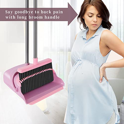 Broom and Dustpan Set for Home, Office, Indoor&Outdoor Sweeping, Stand Up Broom and Dustpan (Pink) - color: Pink