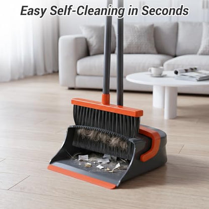 Broom with Dustpan Set for Pet Hair & Dust Cleanup, Orange & Gray - color: Orange & Gray