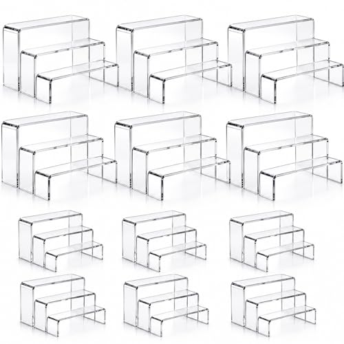 Sintuff 36 Pcs Acrylic Risers Clear Rectangular Display Stands ( 3.4”L~4”L~5”L) Showcase Collectibles Display Stands for Figures Perfume Organizer, Figures, Jewelry, Dessert, Cupcake