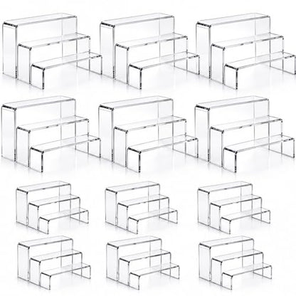 Sintuff 36 Pcs Acrylic Risers Clear Rectangular Display Stands ( 3.4”L~4”L~5”L) Showcase Collectibles Display Stands for Figures Perfume Organizer, Figures, Jewelry, Dessert, Cupcake