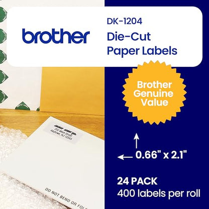 Brother Genuine DK-120424PK Multipurpose Paper Labels, Die-Cut 0.66" x 2.1", Engineered for Excellence, 400 Labels Per Roll, 24 Rolls per Box, White, for use with Select Brother QL Label Printers - size: 24 Rolls