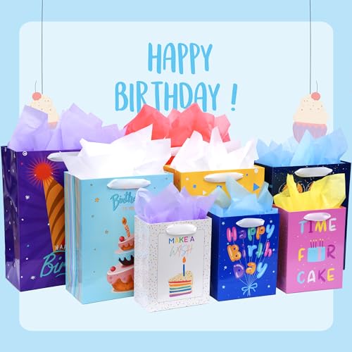 Nihuecne 8 Pack Birthday Gift Bags Assorted Sizes with Tissue Paper
