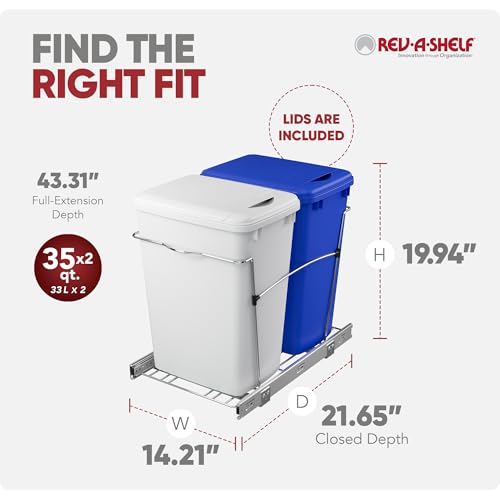 Rev-A-Shelf Double Pullout Garbage Trash Cans for Kitchen Cabinets, 35 Qt - color: White & Blue