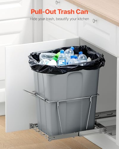 VEVOR Pullout Trash Can for Kitchen Cabinets, 35 QT Garbage Waste Recycling Bin, Under Mount Waste Container, with Heavy Duty Metal Full Extension Sliding System and Handle, for Sink, Under Counter - size: 35 QT, style: No Soft-Close Slide