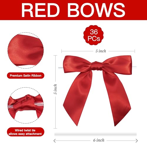 Pre-Tied Red Satin Ribbon Twist Tie Bows 5 Inch, 36 Pack - color: Red