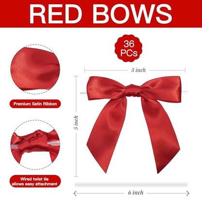 Pre-Tied Red Satin Ribbon Twist Tie Bows 5 Inch, 36 Pack - color: Red