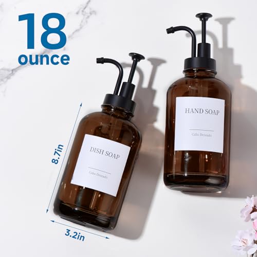 Glass Soap Dispenser with Pump, Dish and Hand Soap Dispenser for Kitchen Bathroom Set, Clear Glass Dispenser Set of 2 Pack with 18 Stickers Funnel Bamboo Tray 500ml 18oz Amber - color: Glass Amber