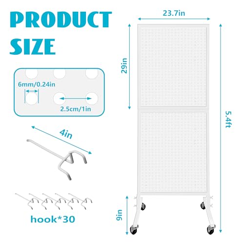 Royxen 2' x 5.6' Large Standing Pegboard Display with T-Base, Metal Pegboard Display Stand with 30 Hooks, Peg Board Panels with Wheels for Vendors, Home and Retail Store (White) - color: White