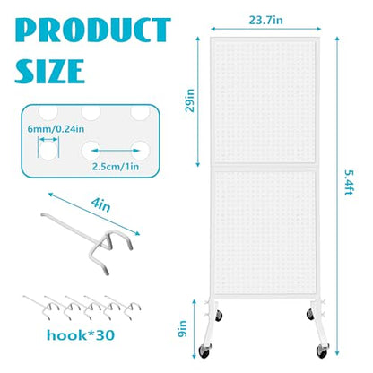 Royxen 2' x 5.6' Large Standing Pegboard Display with T-Base, Metal Pegboard Display Stand with 30 Hooks, Peg Board Panels with Wheels for Vendors, Home and Retail Store (White) - color: White