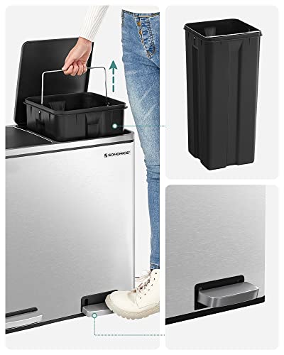 SONGMICS Trash Can, 2 x 6.3-Gallon Stainless Steel Step Bin, Soft Closure - color: Silver, size: 2 x 6.3 Gal.