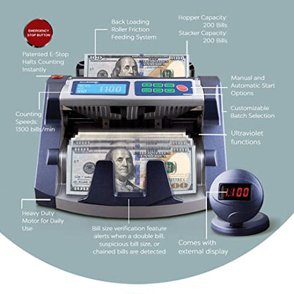 AccuBANKER AB1100PLUS UV Commercial Digital Bill Counter, Hopper Capacity 200 Bills & Speed 1,300 Bills/Min, Money Counter Machine Includes Reliable Counterfeit Detector Ultraviolet - style: UV Detector