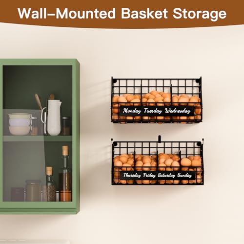 Egg Basket, Stackable Wall Mount Egg Holder Countertop with Weekday Labels - color: Black, size: 2-Tier（with printed labels）