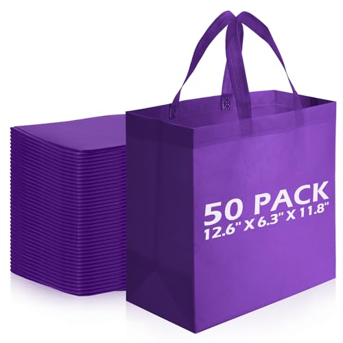 Reginary 50 Pcs Reusable Tote Bags Shopping Bags Non Woven, Purple - color: Purple