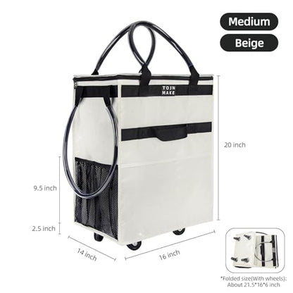 Reusable Grocery Bag with Wheels, Medium Beige Rolling Tote - color: Beige, size: Medium