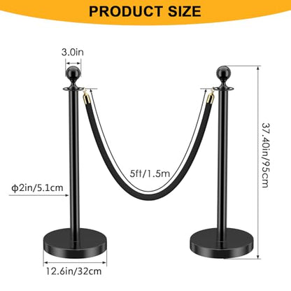 LOVMOR Stainless Steel Stanchion Post, 5 FT Black Carpet Ropes, Stanchion Post with Ball Top, Hollow Base and Velvet Ropes Safety Barriers Set for Party - color: Black-4pack
