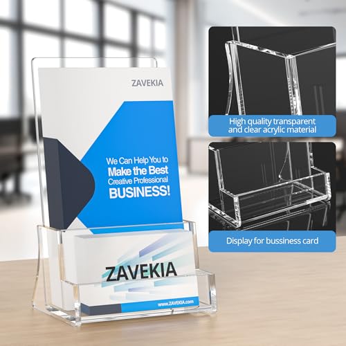 zavekia 2 Pack Acrylic Brochure Holder With business card holder, 4 x 9 inches Clear Acrylic Literature Holder Plastic Flyer Display Stand