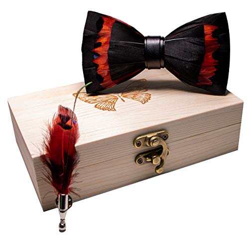 RBOCOTT Handmade Feather Pre-tied Bow tie and Brooch Sets for Men - color: Black/Red