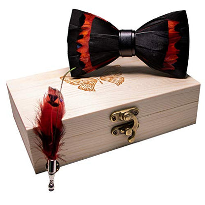 RBOCOTT Handmade Feather Pre-tied Bow tie and Brooch Sets for Men - color: Black/Red