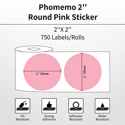Phomemo Genuine 2” Pink Circle Thermal Labels, 2x2 Self-Adhesive Round Sticker Label, Circular Direct Labels Compatible with Phomemo Shipping Labels Printer, 750 Labels/Roll, White,Commercial Grade - color: Pink-750