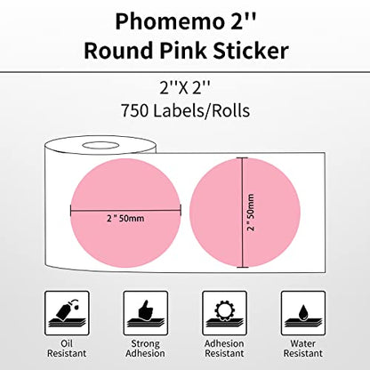 Phomemo Genuine 2” Pink Circle Thermal Labels, 2x2 Self-Adhesive Round Sticker Label, Circular Direct Labels Compatible with Phomemo Shipping Labels Printer, 750 Labels/Roll, White,Commercial Grade - color: Pink-750