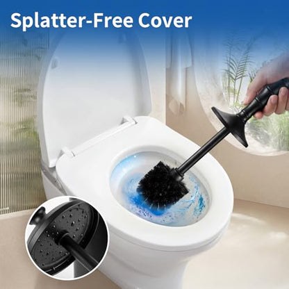ROLABAM Toilet Bowl Brush and Holder Set, Rustproof Metal Toilet Cleaner Brush for Deep Cleaning, Heavy Freestanding Base with Splash Guard & Extended Handle, Space Saving Bathroom Accessory - color: Black-3