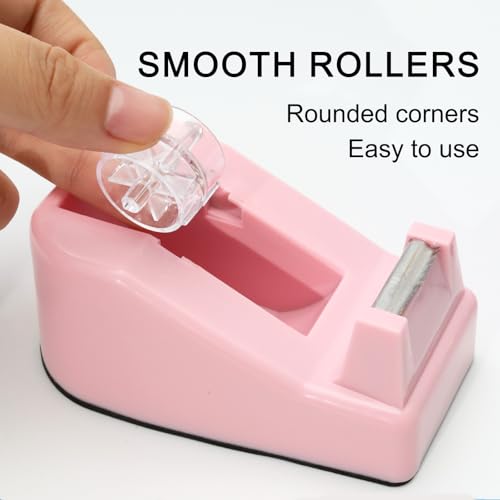 Desktop Tape Dispenser Heavy Duty Desk Accessories Floral Office Tape Dispensers, Weighted Non-Skid Base, Macaron Pink - color: Pink