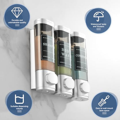 Shower Soap Dispenser Wall Mounted No Drill Shampoo Dispenser for Shower Wall Shampoo and Conditioner Dispenser Bathroom Hotel 3 * 350ml with Waterproof Labels Silver - color: Silver