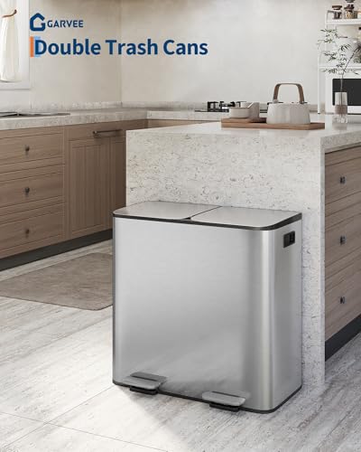 GarveeHome 2 x 10.6 gal Stainless Steel Double Trash Can with Lid for Kitchen, Large Dual Trash and Recycle Bin Combo, Step-on Kitchen Metal Garbage Cans, PP Inner Buckets, Liner Rim, Silver - color: Silver, size: 2 x 10.6 gallon