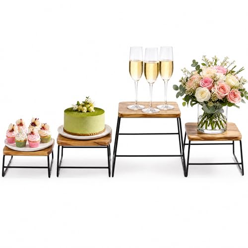 ZENFUN 4 Piece Wood Buffet Risers, Dessert Table Risers Food Display Riser, Pizza Pan Riser, Cupcake Stand & Wood Display Risers, Nesting Food Platter and Plate Holder