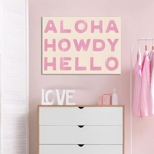 Aloha Howdy Hello Wall Art, Trendy Western Coastal Cowgirl Room Aesthetic Canvas Poster,Preppy Pink Text Pictures Horizontal Funky Bar Cart Prints For Teen Girl Dorm Bedroom Wall Decor Framed (pink,