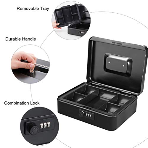 Cash Box with Money Tray, Parrency Large Money Box with Combination Lock, 9.8 x 7.9 x 3.5 inches, Black - color: Combo Black, size: Large（9.84")