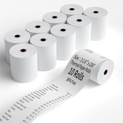 (10 Rolls) 3 1/8" x 230' Thermal Receipt Paper Rolls - size: 3 1/8" x 230', style: 10 Rolls
