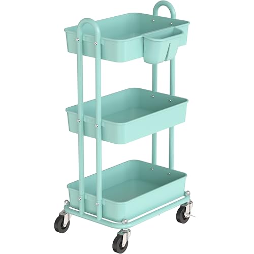 Simple Houseware 3-Tier Rolling Utility Cart with Hanging Bucket, Turquoise - color: Turquoise, size: 3-Tier